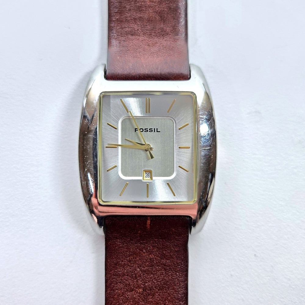 Fossil Arkitekt FS-3087 Mens Watch 35mm Silver Dial Brown Leather Date Square